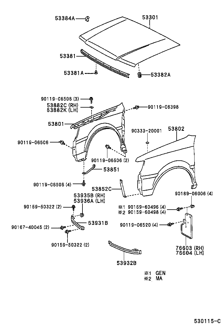  T U V |  HOOD FRONT FENDER