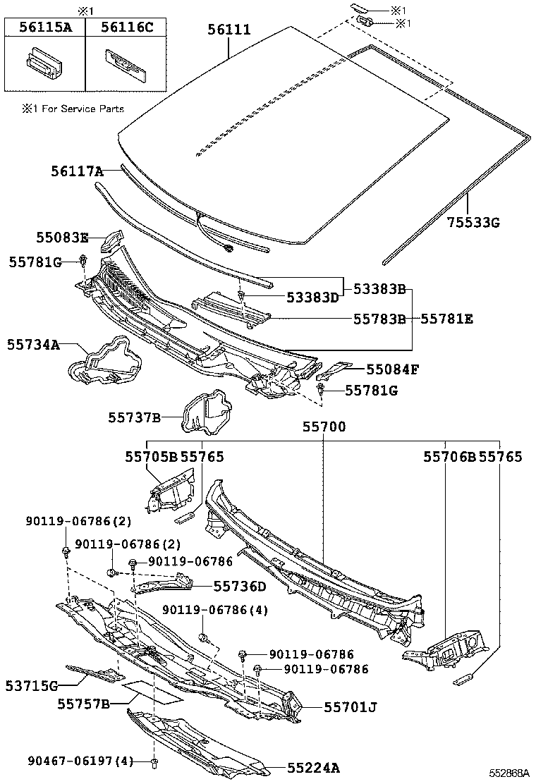  PRIUS PLUG IN HBD |  COWL PANEL WINDSHIELD GLASS