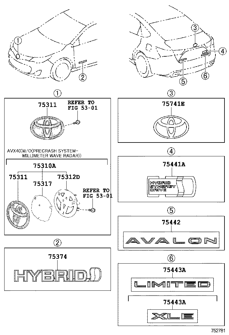  AVALON |  EMBLEM NAME PLATE EXTERIOR INTERIOR