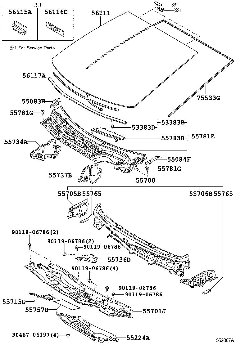  PRIUS PLUG IN HBD |  COWL PANEL WINDSHIELD GLASS