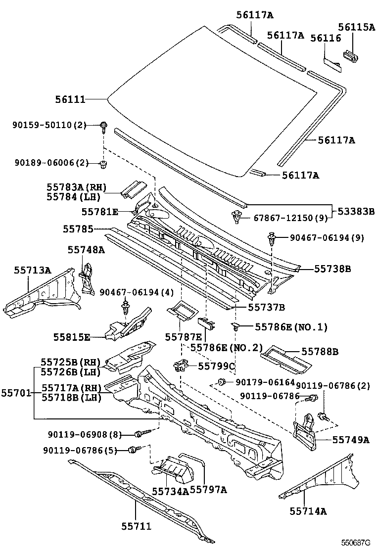  WILL VI |  COWL PANEL WINDSHIELD GLASS